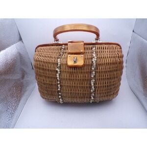 Vintage Wicker Handbag Lucite Handle Trim Beaded Clasp Retro Picnic Basket Style